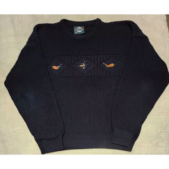 Vintage Jantzen Mens Large Blue Golf Pattern Heavy Knit Sweater Made In USA - Picture 1 of 7